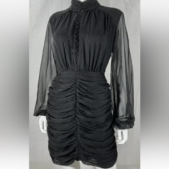 HOUSE OF HARLOW 1960 High Neck Metallic Black Ruched Bodycon Cocktail Dress Sz 4 - Picture 3 of 16